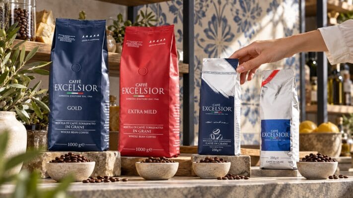Кафета Caffè Excelsior Gold, Extra Mild, Radici и Gem Line на магазинен рафт